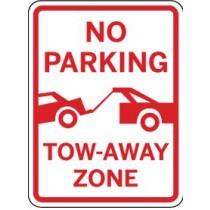 No parking tow-away zone sign with red text and symbols on a white background