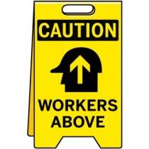 Caution sign with 'Workers Above' text on a yellow background