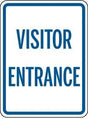 Visitor Entrance sign with blue text on a white background