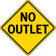 Yellow diamond-shaped sign with 'No Outlet' text on a white background