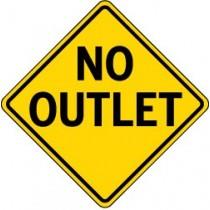 Yellow diamond-shaped sign with 'No Outlet' text on a white background