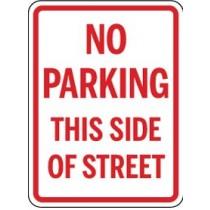 No parking this side of street sign with red text on a white background