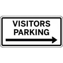Visitors Parking sign with an arrow pointing to the right on a white background