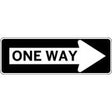 One Way sign with an arrow pointing to the right on a white background