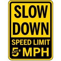 Yellow and black traffic sign with 'Slow Down Speed Limit 5 MPH' text.