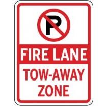 No parking sign indicating a fire lane tow-away zone on a white background