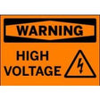 High voltage warning sign with black text and symbol on an orange background