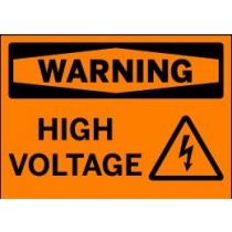 High voltage warning sign with black text and symbol on an orange background