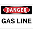 Dangerous gas line warning sign with red border and black text on a white background
