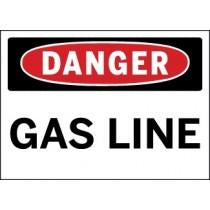 Dangerous gas line warning sign with red border and black text on a white background