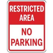 Red and white 'Restricted Area No Parking' sign