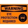 Warning sign with eye protection required text and icon on an orange background