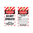 Two safety tags with red and white striped border and black text on a white background.