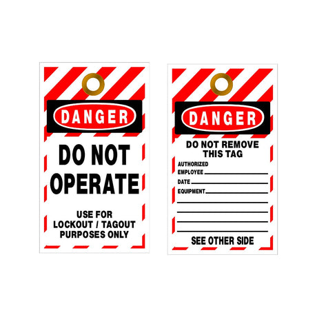 Two safety tags with red and white striped border and black text on a white background.