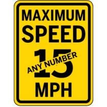 Yellow sign with black text indicating 'Maximum Speed Any Number MPH' on a white background