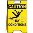 Caution sign with icy conditions warning on a yellow background