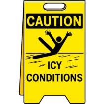 Caution sign with icy conditions warning on a yellow background