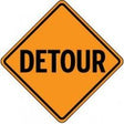 Orange diamond-shaped traffic sign with 'Detour' text on a white background