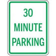 Green and white parking sign indicating 30 minute parking.