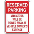 Reserved parking sign with text about towing violations.