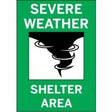 Severe weather shelter area sign with a tornado icon on a green background