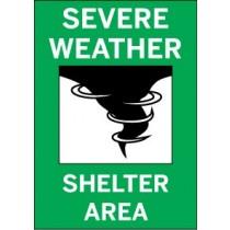 Severe weather shelter area sign with a tornado icon on a green background