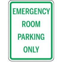Sign indicating 'Emergency Room Parking Only' with green text on a white background