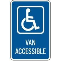 Handicap accessible van sign with wheelchair icon on a blue background