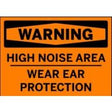 Warning sign for high noise area with ear protection instruction on an orange background