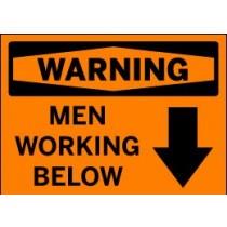 Safety sign warning of men working below with an orange background and black text.