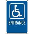 Blue sign with wheelchair icon and 'Entrance' text on a white background