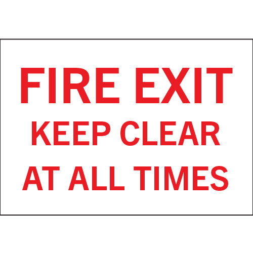 Fire exit sign with red text on a white background