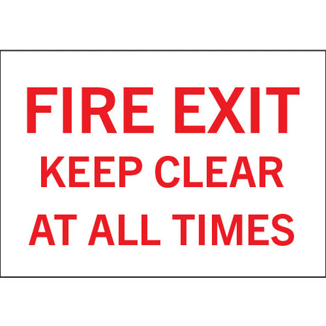 Fire exit sign with red text on a white background