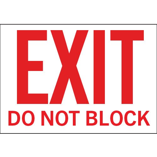 EXIT sign with DO NOT BLOCK warning in red and white