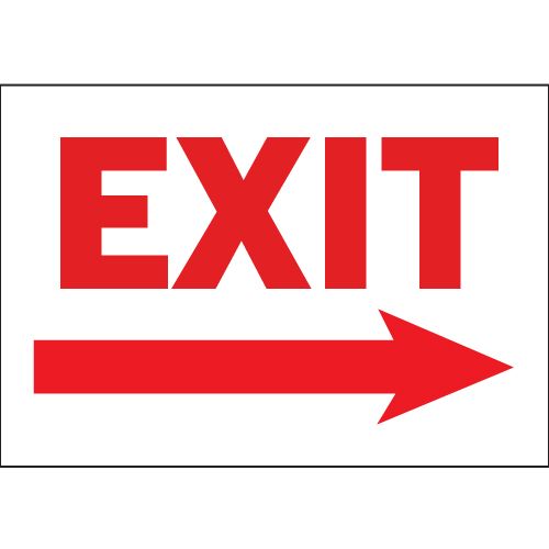 Red 'EXIT' sign with an arrow pointing to the right on a white background