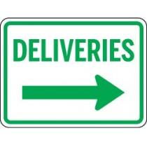Green sign with 'DELIVERIES' text and arrow on a white background