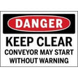 Safety sign warning of a conveyor starting without a warning.