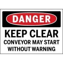 Safety sign warning of a conveyor starting without a warning.