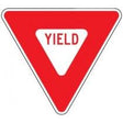 Yield sign with red background and white text