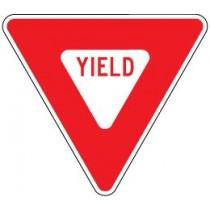Yield sign with red background and white text