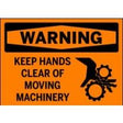 Safety sign warning to keep hands clear of moving machinery with an orange background and black text.