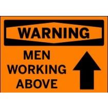 Safety sign warning of men working above with an arrow pointing upwards on an orange background.
