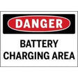Danger sign indicating a battery charging area with red, black, and white colors.