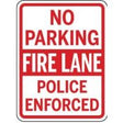No parking fire lane sign with red border and white text.