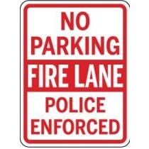 No parking fire lane sign with red border and white text.