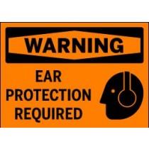 Warning sign with ear protection required text and icon on an orange background