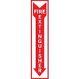 Fire extinguisher graphic sign with large red arrow, 18x4 inches