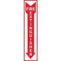 Fire extinguisher graphic sign with large red arrow, 18x4 inches