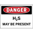 Safety sign warning of H2S presence with red border and black text.