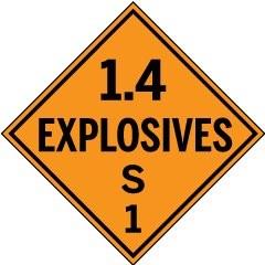 Explosives warning sign with text '1.4 Explosives S 1' on an orange background